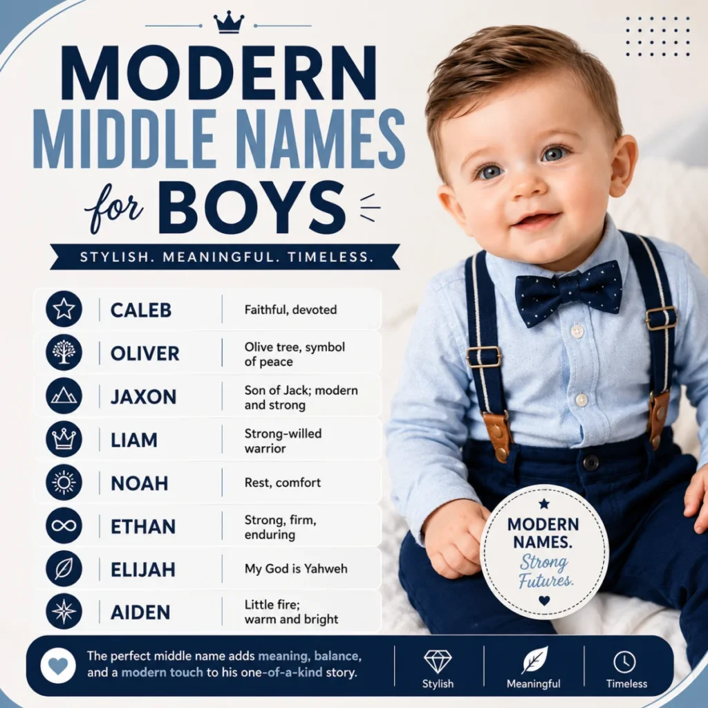 Infographic featuring middle names for boys with meanings, elegant typography, and a smiling baby boy wearing a bow tie on a soft blue and white background.