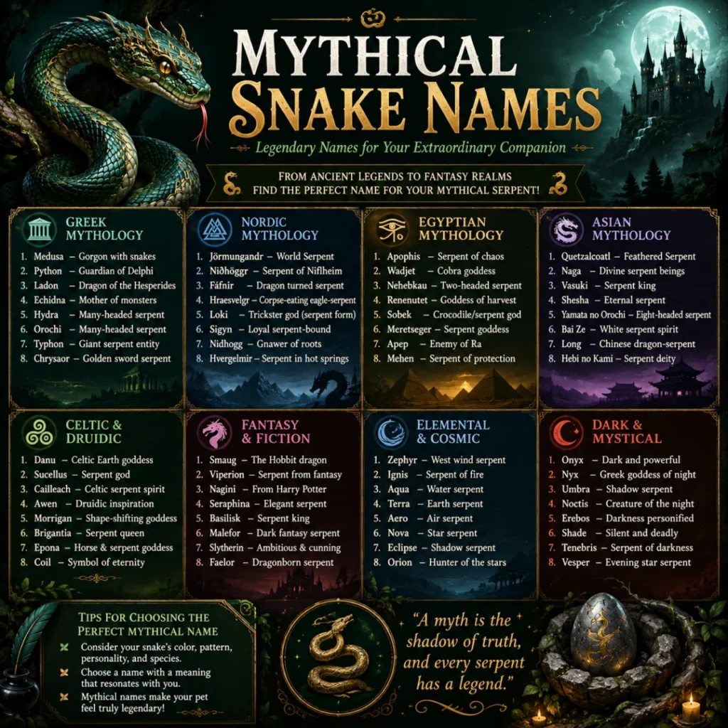 Bright 1200×1200 infographic featuring a pet snake and step-by-step tips for creating a personalized snake name using appearance, personality, behavior, favorite themes, mythology, and meaningful inspirations.