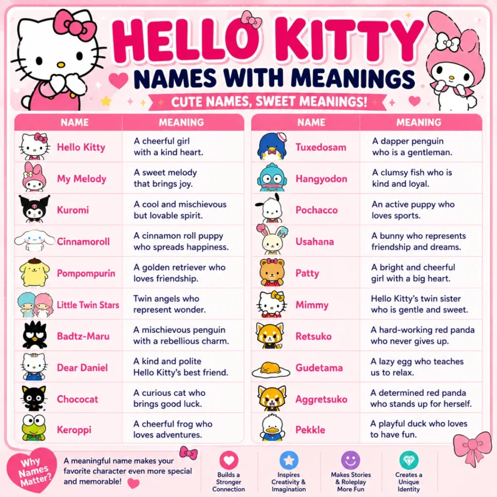 Cute 1200Ă—1200 graphic showcasing short Hello Kitty-inspired character names with pastel pink colors, adorable bows, hearts, stars, and kawaii-themed decorations.
