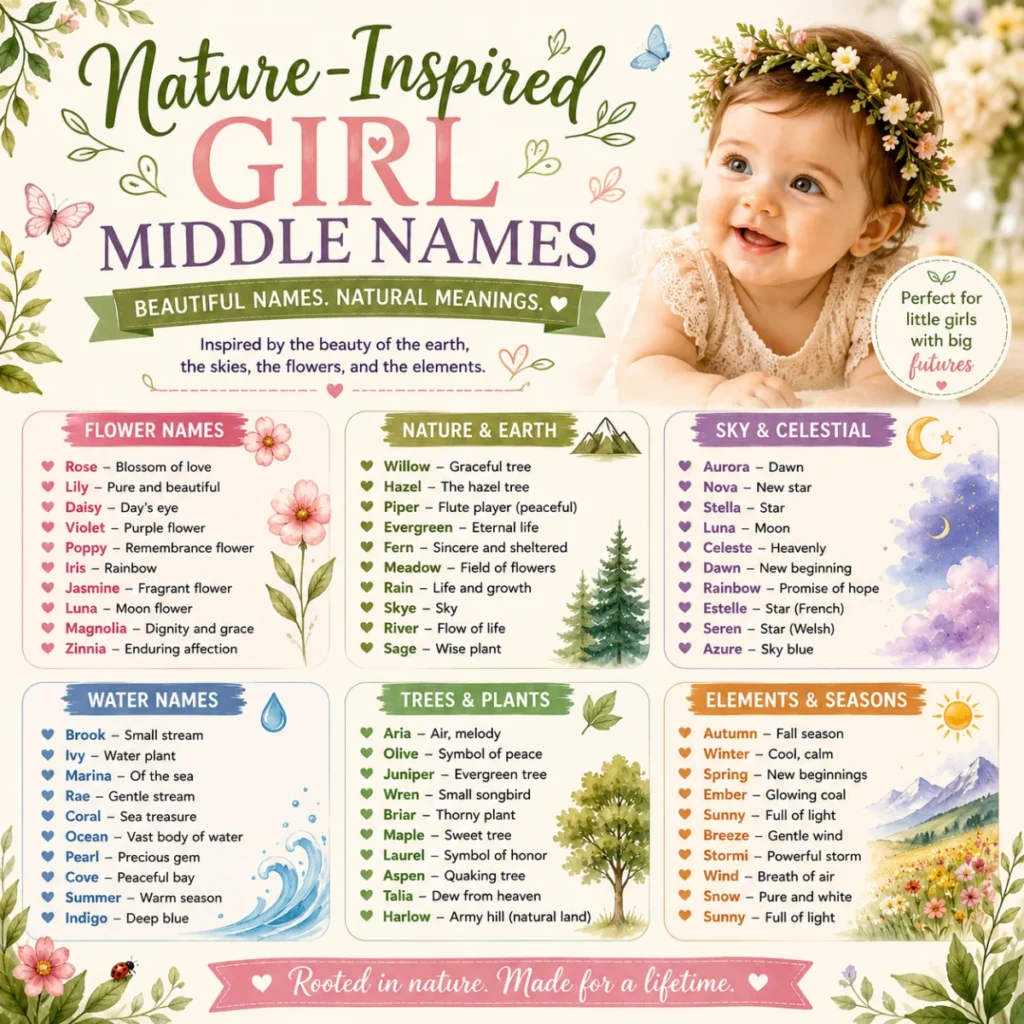 Educational 1200Γ1200 graphic about common mistakes to avoid when picking girl middle names, featuring checkmarks, warning icons, and baby name planning visuals.