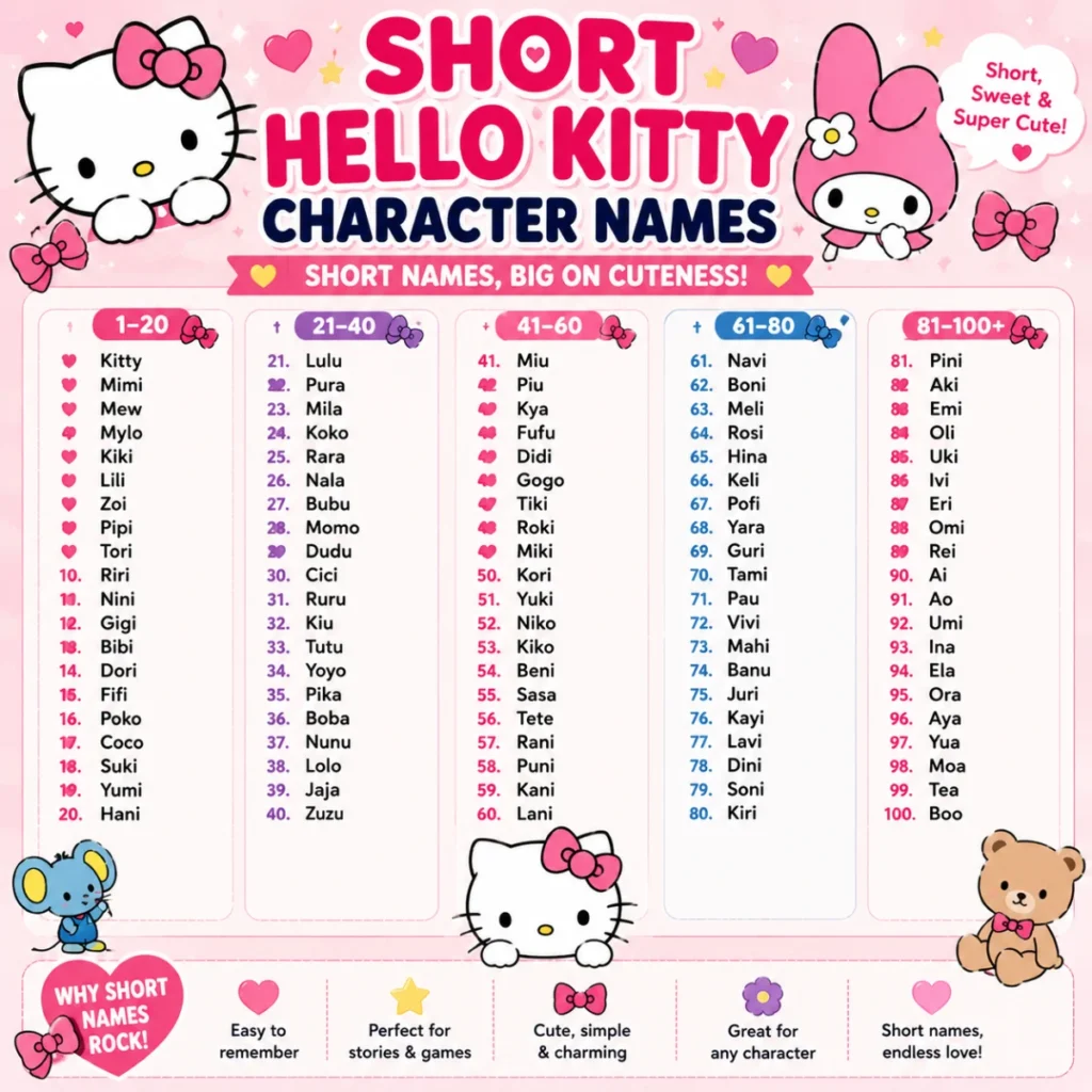 Bright 1200Ă—1200 kawaii-style illustration featuring short Hello Kitty-inspired character names with pastel pink tones, cute bows, hearts, stars, and playful decorative elements.
