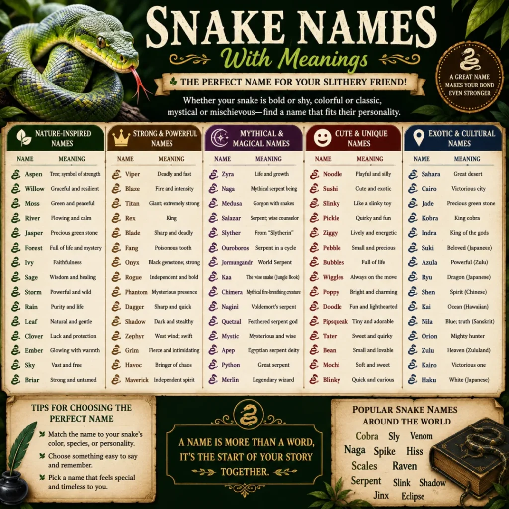 Square infographic featuring a pet snake with creative tips for choosing a personalized snake name based on appearance, personality, favorite themes, colors, mythology, and meaningful memories.
