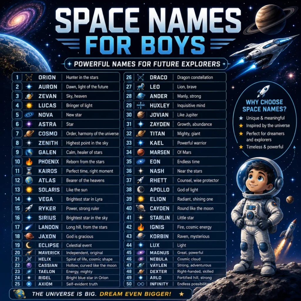 Modern 1200×1200 space-themed infographic showing common mistakes to avoid when choosing creative space names, featuring an astronaut, colorful planets, stars, rockets, and easy-to-read checklist graphics.