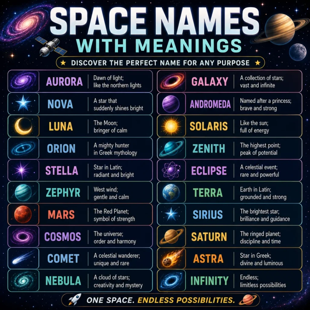 Bright 1200×1200 space-themed illustration highlighting common mistakes to avoid when selecting space names, featuring a cartoon astronaut, colorful planets, stars, rockets, and helpful naming tips.