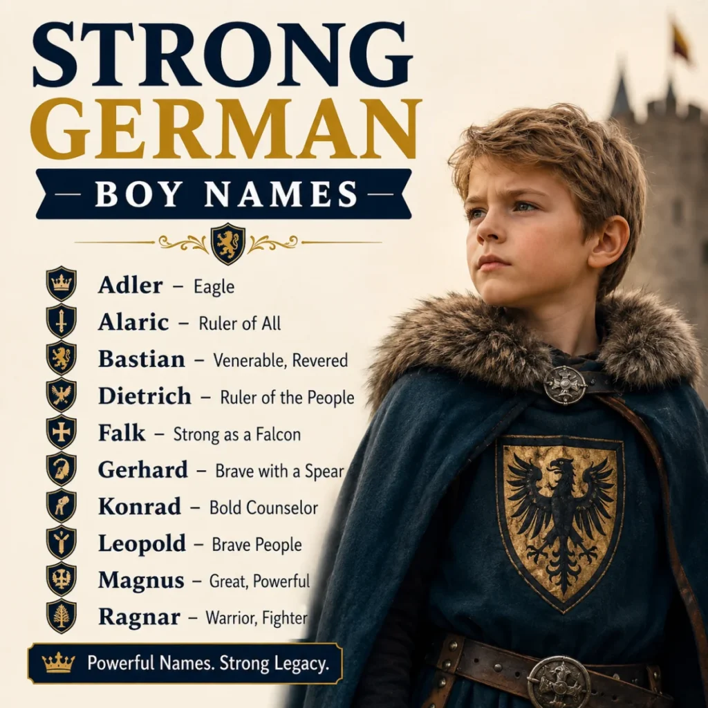 Square infographic highlighting common mistakes to avoid when selecting German boy names, including tips on meanings, pronunciation, spelling, and popularity.