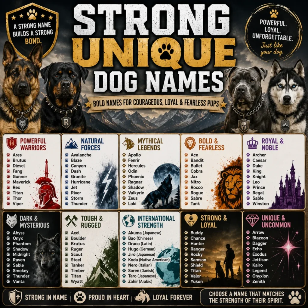 Eye-catching 1200×1200 infographic featuring common mistakes to avoid when choosing unique dog names, with an adorable puppy, paw prints, colorful icons, and practical naming advice.