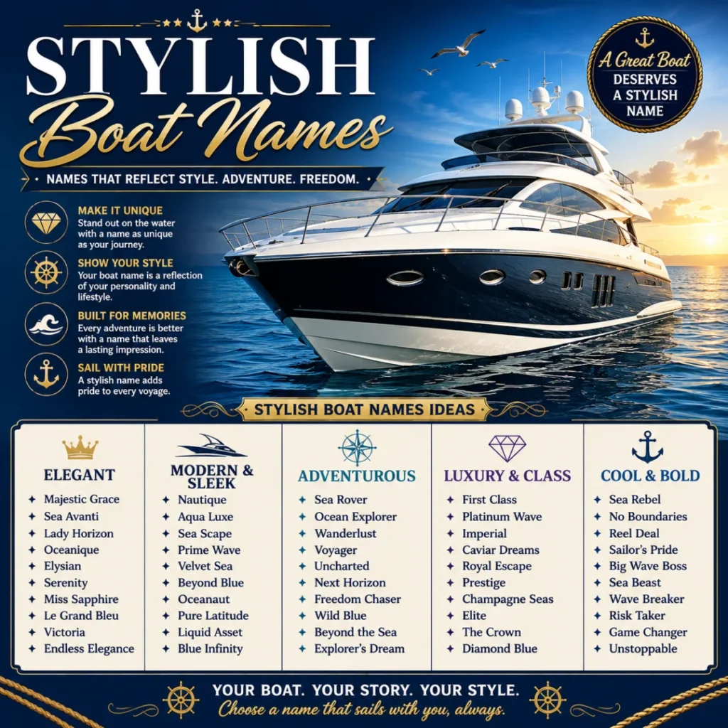 Premium 1200×1200 illustration of a sleek luxury yacht sailing on crystal-clear water at sunset, featuring elegant yacht name ideas with gold nautical elements and sophisticated maritime styling.