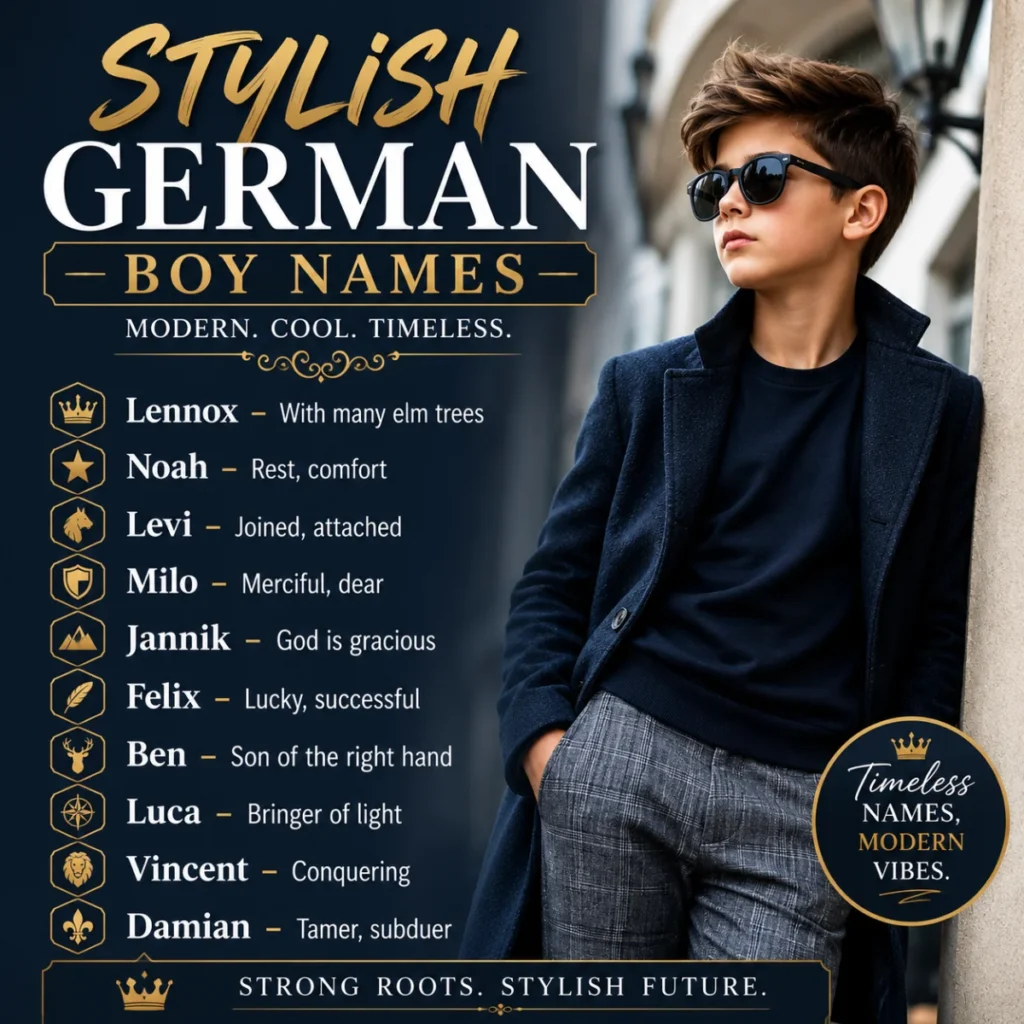 Educational infographic about common mistakes to avoid when choosing German boy names, featuring expert naming tips in a modern square design.