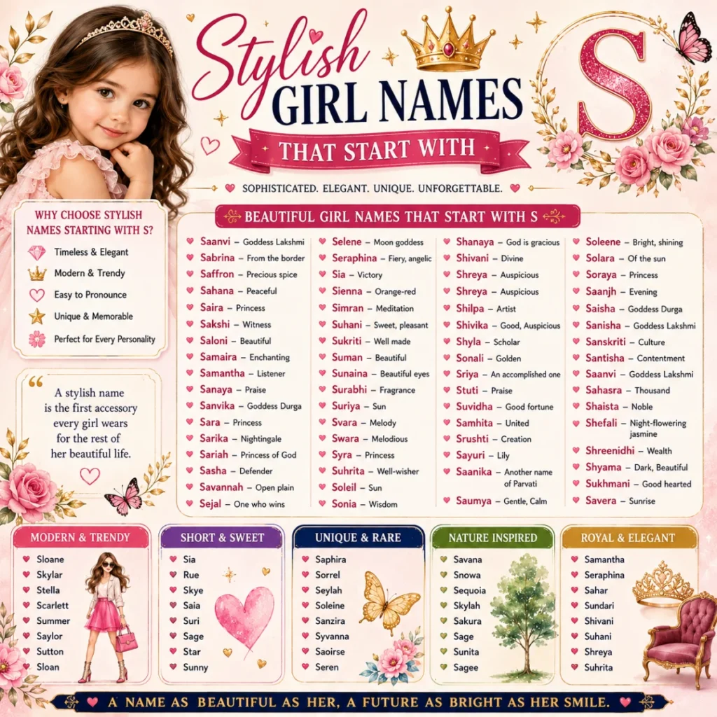 Beautiful 1200×1200 illustration featuring tips for choosing girl names that start with S, decorated with a smiling baby girl, elegant flowers, butterflies, heart icons, and soft pastel colors.