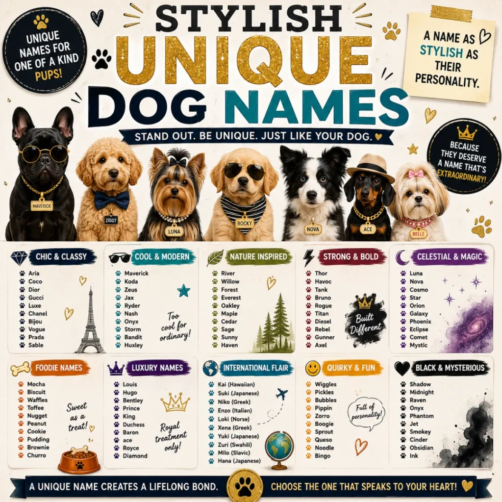 Bright 1200×1200 graphic illustrating common mistakes to avoid when choosing unique dog names, with a happy puppy, colorful paw prints, checklist icons, and clear naming tips.