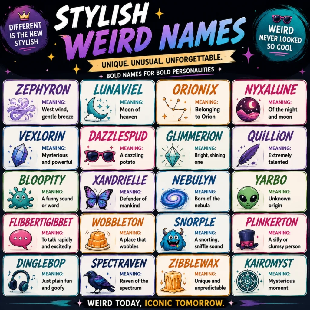Vibrant 1200×1200 illustration of creative ideas for using weird names, featuring cartoon icons for fantasy worlds, gaming, pets, businesses, books, social media, and unique branding concepts.