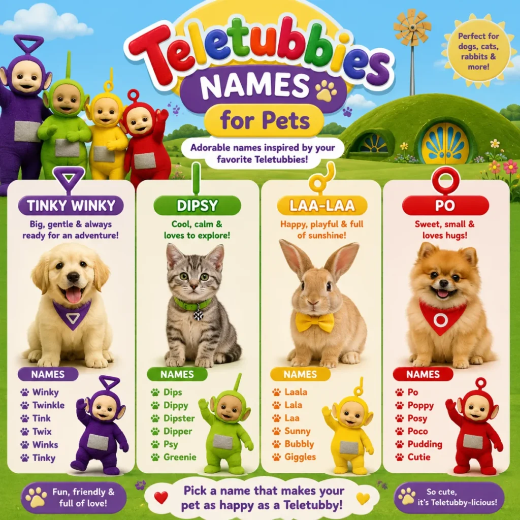 Colorful 1200×1200 illustration featuring cute pets with Teletubbies-inspired names in a cheerful cartoon landscape, showcasing playful dogs, cats, rabbits, and bright, whimsical colors.