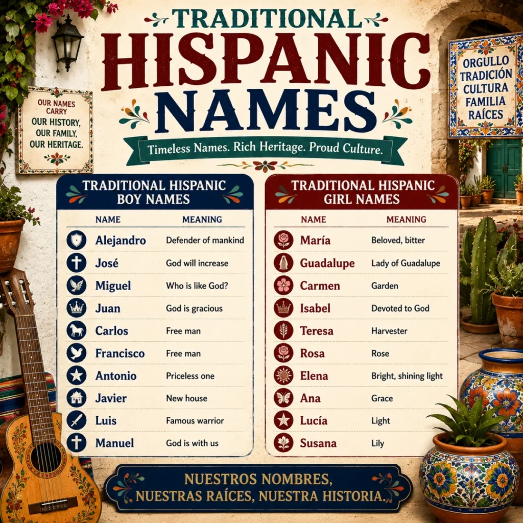 Informative 1200×1200 infographic about common mistakes to avoid when choosing Hispanic names, featuring colorful icons, cultural decorations, and tips on pronunciation, meanings, heritage, spelling, and respectful name selection.
