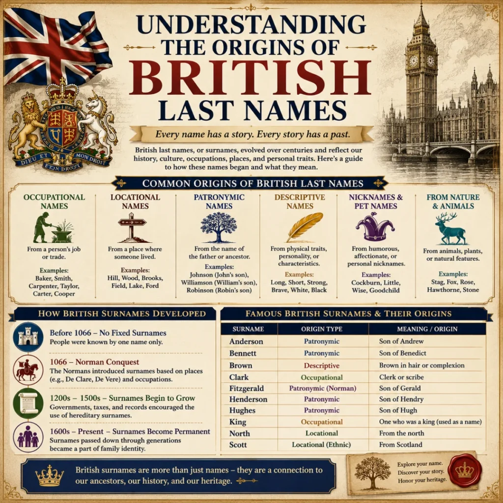 Elegant infographic explaining the origins of British last names with vintage British design, historical surname categories, family heritage illustrations, and classic landmarks on a parchment-style background.