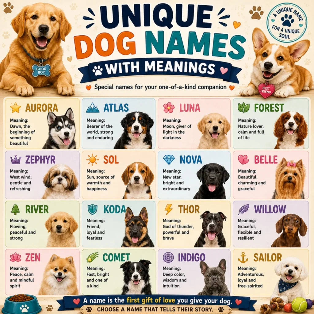 Friendly 1200×1200 infographic about common mistakes to avoid when selecting unique dog names, featuring a smiling puppy, paw print icons, and practical dog naming advice.