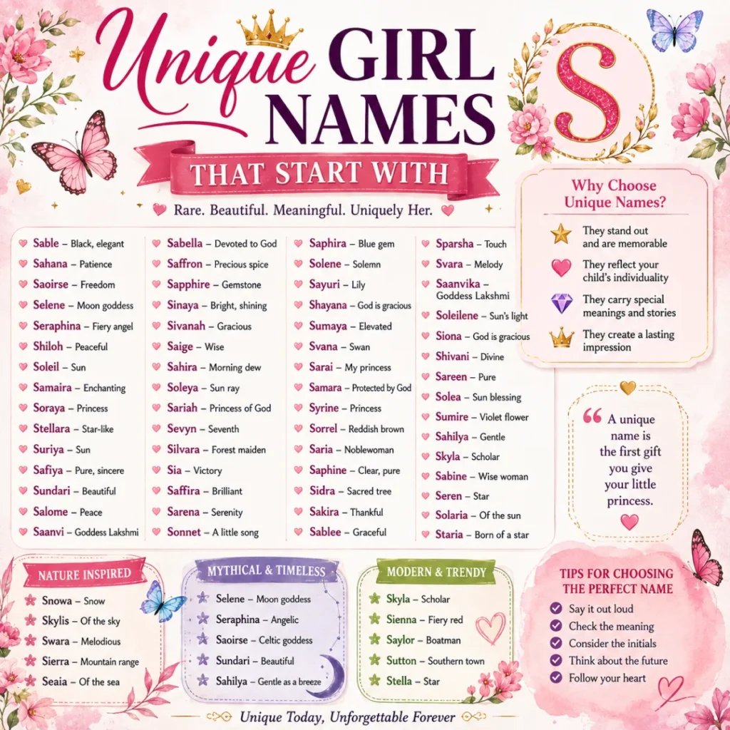 Elegant 1200×1200 graphic illustrating how to choose girl names that start with S, featuring a happy baby girl, pastel floral decorations, butterflies, hearts, and stylish lettering in a modern design.