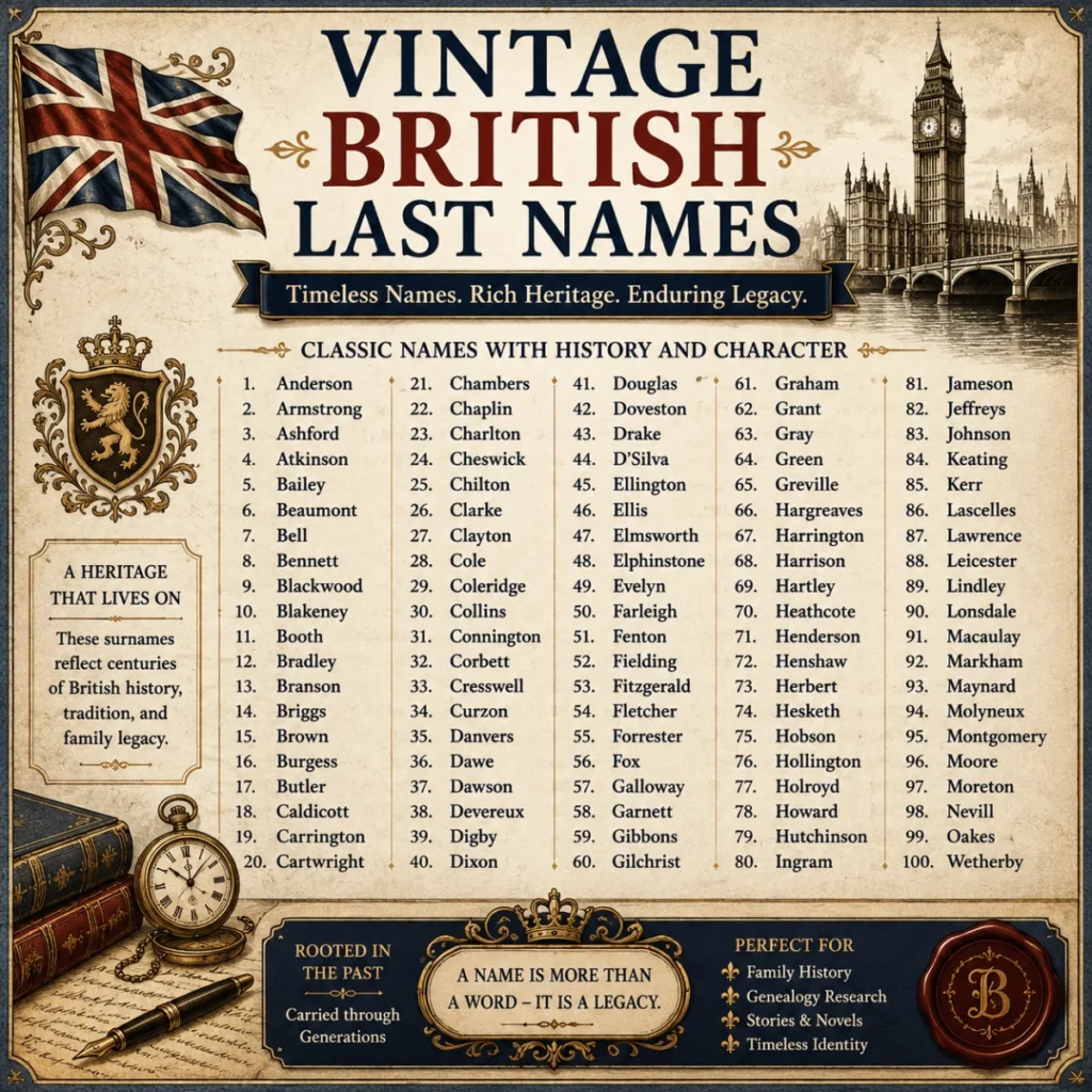 Informative infographic about the origins of British last names featuring a historical timeline, surname origin categories, examples of common British surnames, and traditional British heritage elements on a vintage parchment background.