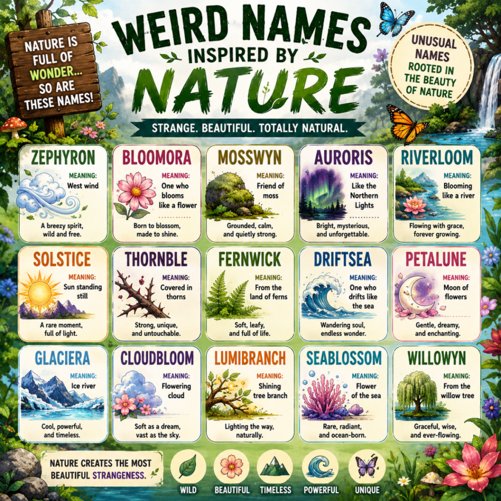 Eye-catching 1200×1200 graphic illustrating creative ways to use weird names with colorful cartoon icons for fantasy characters, gaming, pets, businesses, books, apps, and social media.