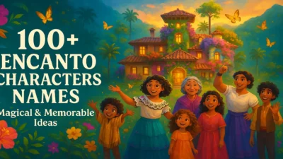 Colorful 1920×1080 magical family-themed banner for 100+ Encanto character names, featuring a vibrant enchanted house, tropical flowers, butterflies, glowing magical details, and colorful name-themed decorations.