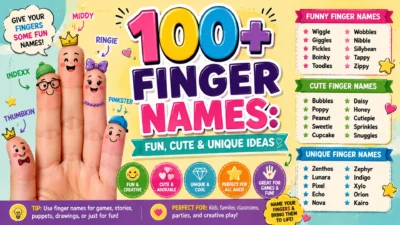 Colorful 1920×1080 banner featuring 100+ finger names with playful cartoon fingers wearing accessories, funny labels, cute decorations, speech bubbles, and fun, cute, and unique name categories.