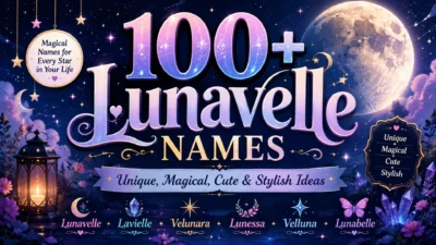 A dreamy fantasy banner featuring a glowing moon, stars, crystals, flowers, lanterns, and elegant typography for 100+ unique Lunavelle names.