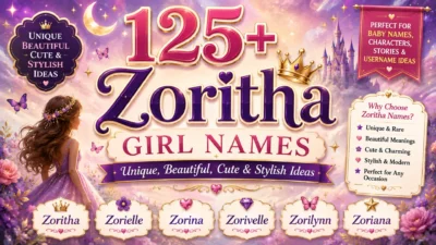 A magical fantasy banner featuring a girl in a purple gown, castle, crescent moon, butterflies, flowers, crowns, and bold text for 125+ Zoritha girl names.