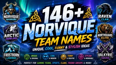 Colorful Norvique team names graphic featuring Viking, raven, wolf, bear, and fantasy-inspired team emblems with bold gaming-style typography.
