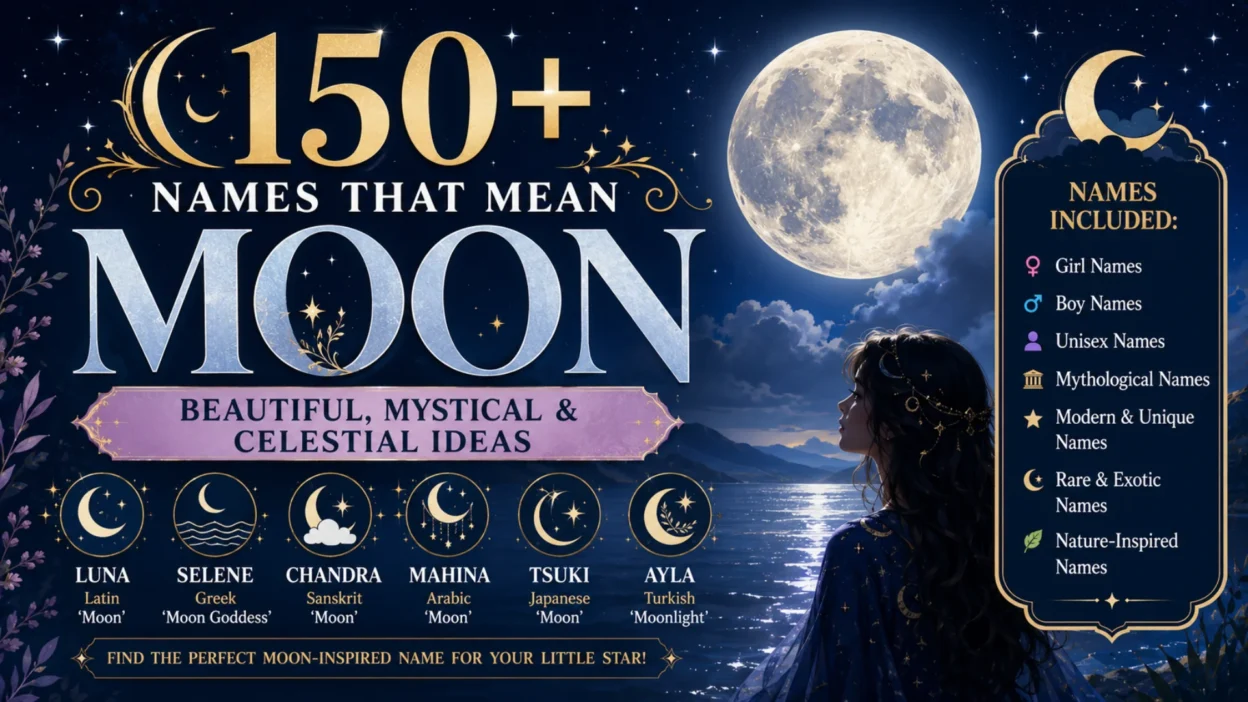 150+ names that mean moon featured image with a glowing full moon, stars, night sky, and mystical celestial design.