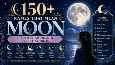 150+ names that mean moon featured image with a glowing full moon, stars, night sky, and mystical celestial design.