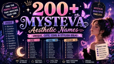 Dreamy Mysteva aesthetic names graphic featuring glowing butterflies, stars, flowers, a crescent moon, a black cat, and unique stylish name ideas.