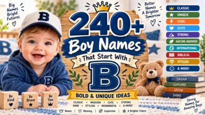 240+ boy names that start with B displayed in a bright, playful nursery-themed graphic with bold alphabet-inspired decorations.