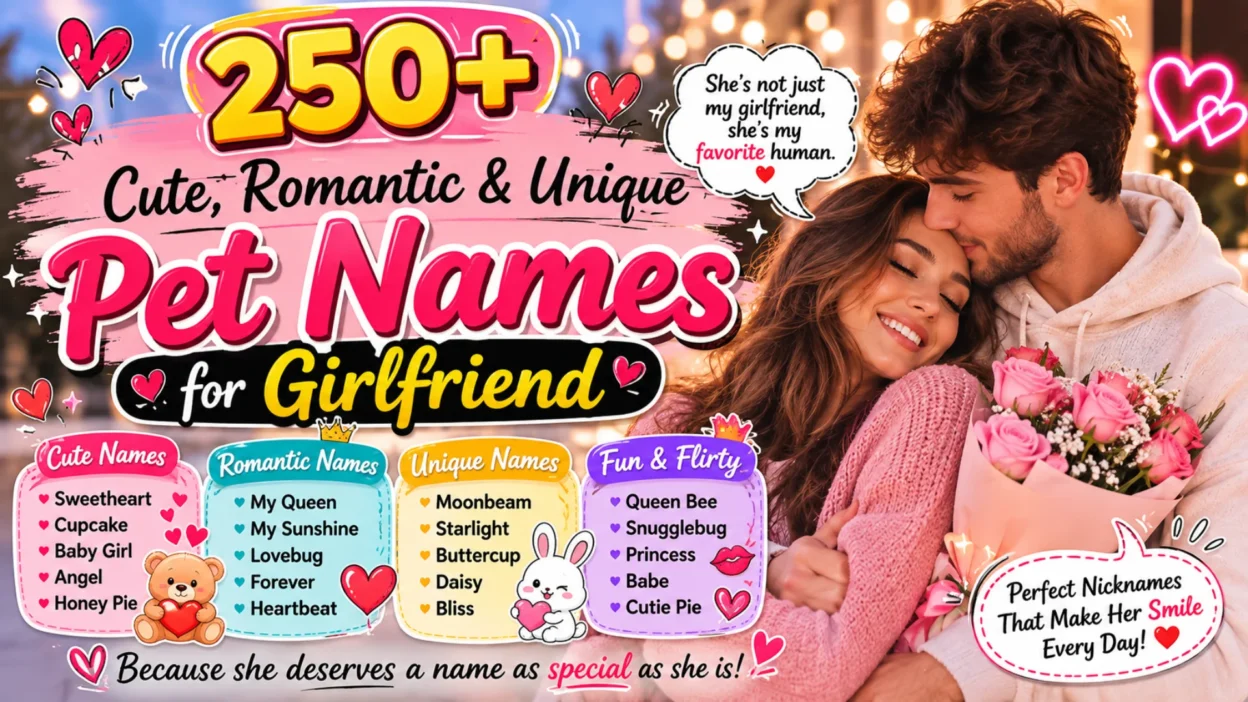 Romantic 1920×1080 banner featuring 250+ cute, romantic, and unique pet names for a girlfriend, with a loving couple, hearts, roses, playful stickers, and colorful name categories.
