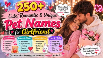 Romantic 1920×1080 banner featuring 250+ cute, romantic, and unique pet names for a girlfriend, with a loving couple, hearts, roses, playful stickers, and colorful name categories.