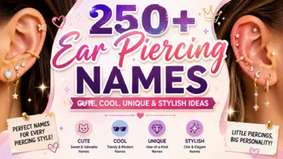 A stylish ear piercing banner featuring multiple earrings, sparkling jewelry, and bold typography promoting 250+ cute, cool, unique, and stylish ear piercing name ideas.