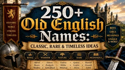 250+ Old English names graphic featuring medieval castles, heraldic banners, a warrior helmet, sword, parchment, and classic name ideas.