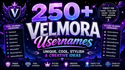 A futuristic purple and blue banner featuring glowing Velmora usernames, stars, gaming icons, and bold text for 250+ unique, cool, stylish, and creative usernames.
