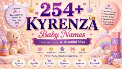 Pastel baby-themed banner featuring a teddy bear, rainbow, baby blocks, stars, hearts, and bold text for 254+ Kyrenza baby names.