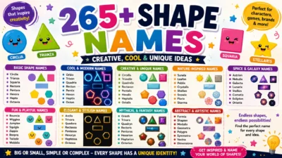 Colorful infographic featuring 265+ creative, cool, and unique shape names with playful geometric shape characters and themed name categories.