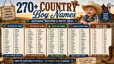 Rustic country-themed infographic featuring 270+ Southern, Western, and rustic boy names with a smiling cowboy baby, farm scenery, and Western decorations.
