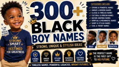Colorful 1920×1080 banner featuring Black boy names with a smiling young Black boy, bold navy, black, white, and gold typography, and categories for strong, unique, stylish, cultural, and meaningful names.