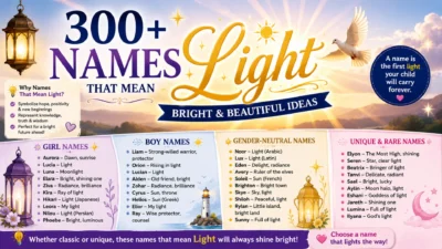 Names that mean light with bright, beautiful, sunshine, star, and glowing name ideas