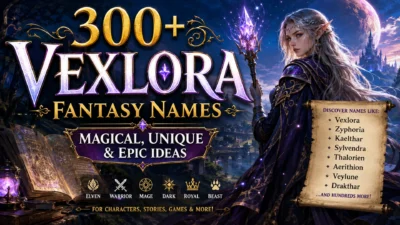 Fantasy-themed 1920×1080 image featuring 300+ Vexlora fantasy names, a magical elf mage, glowing crystal staff, moonlit castle, and epic fantasy scenery.
