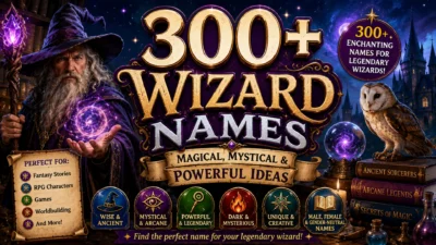 1920×1080 fantasy banner featuring a powerful wizard with a glowing magical orb and staff, an owl, crystal ball, enchanted books, castle towers, and 300+ magical, mystical, and powerful wizard names.