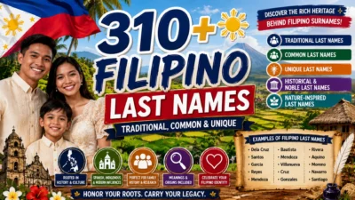 1920×1080 Filipino last names banner featuring a Filipino family, Philippine flag, tropical landscape, rice terraces, mountain scenery, traditional architecture, and categories for traditional, common, unique, historical, and nature-inspired surnames.