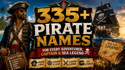 A dramatic pirate-themed illustration featuring a fearless pirate captain, a tall ship with black sails, a treasure chest full of gold, an old treasure map, and bold text reading "335+ Pirate Names for Every Adventurer, Captain & Sea Legend."
