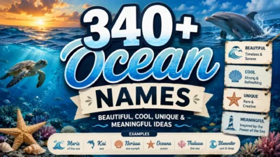 Ocean-themed banner featuring dolphins, sea turtles, coral reefs, seashells, starfish, and bold text for 340+ beautiful, cool, unique, and meaningful ocean names.