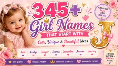 Adorable baby girl surrounded by floral decorations and elegant typography for “345+ Girl Names That Start With J: Cute, Unique & Beautiful Ideas” on a pastel pink 1920×1080 banner.