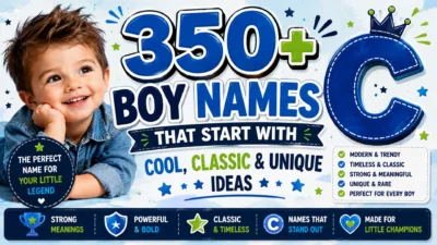 Smiling baby boy beside a large blue letter C with bold typography for “350+ Boy Names That Start With C: Cool, Classic & Unique Ideas” on a colorful 1920×1080 banner.