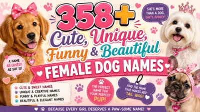 Adorable female puppies wearing bows and accessories surround the title “358+ Cute, Unique, Funny & Beautiful Female Dog Names” on a colorful 1920×1080 featured banner.