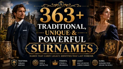 A premium heritage-themed banner featuring elegant men and women, a historic castle, a classic library, heraldic crests, and bold typography promoting 363+ traditional, unique, and powerful surnames.